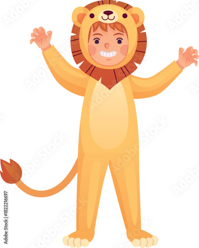 Kid in lion pajamas. Sleepover party animal costume