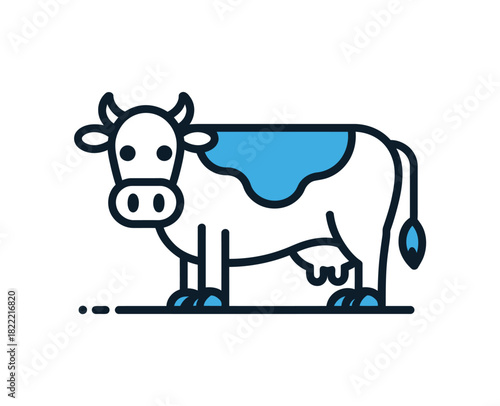 A stylized illustration of a white cow with blue markings and a black tail stands on a white background.