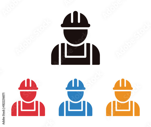 A collection of worker icons in different colors, including black, red, blue, and orange, each wearing a hard hat and overalls.