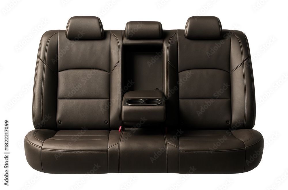 Naklejka premium Leather rear bench seat featuring a center armrest and cup holders.