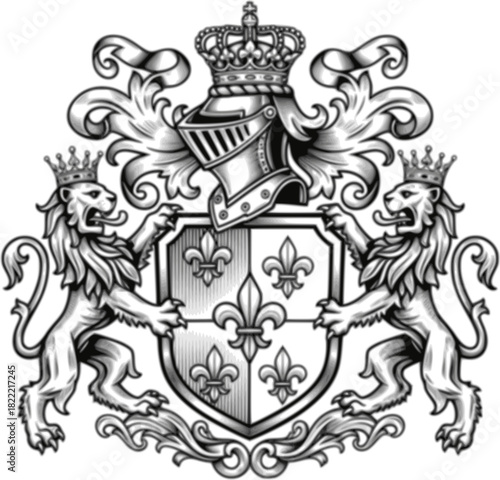 Heraldic Lion. Medieval coat of arms. Lys De Fleur. Crest depicting a lion's flank supporters shield. Knights helmet design. Vintage retro style. Engraving Royalty Emblem. Heraldy King Icon