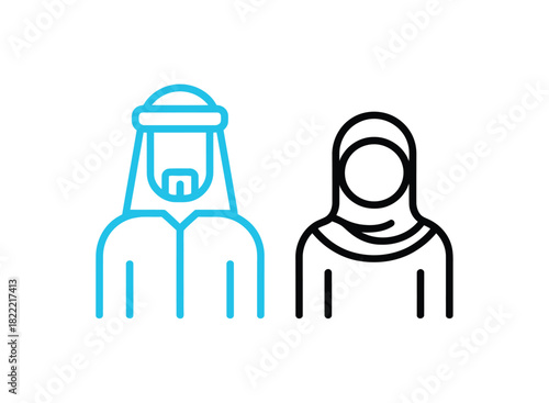 Two stylized figures, a man wearing a keffiyeh and a woman wearing a hijab, are depicted in a simple line art style with blue and black accents.