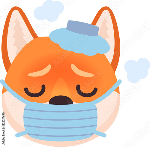 Sick dog in medical mask emoji. Kawaii pet