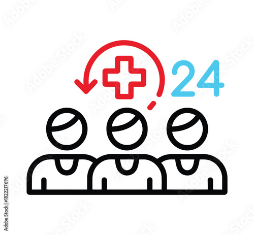 A group of people are depicted with a red cross symbol and the number 24 indicating 24-hour medical service or availability.