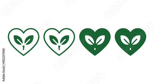 Four green heart-shaped icons with a seedling sprout inside each, representing growth and nature.