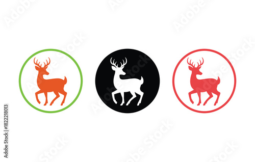 Three circular icons featuring a silhouette of a stag in orange, white, and red against green, black, and red backgrounds respectively.