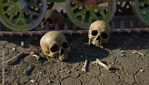 War atrocities. The track of a military vehicle crushes skulls and broken bones lying on dry, barren ground.