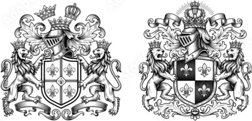 Heraldic Lion. Medieval coat of arms. Lys De Fleur. Crest depicting a lion's flank supporters shield. Knights helmet design. Vintage retro style. Engraving Royalty Emblem. Heraldy King Icon