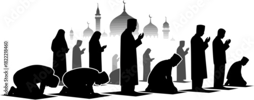 Black Vector Silhouette: Group of People Praying in Mosque A dynamic black vector silhouette depicting a group of several figures (gender-neutral or mixed) standing in rows, engaged in congregational