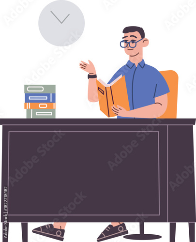 Man reading book at desk. Studying color character