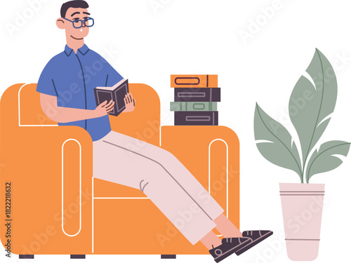 Student reading book. Intelligent man sit in armchair