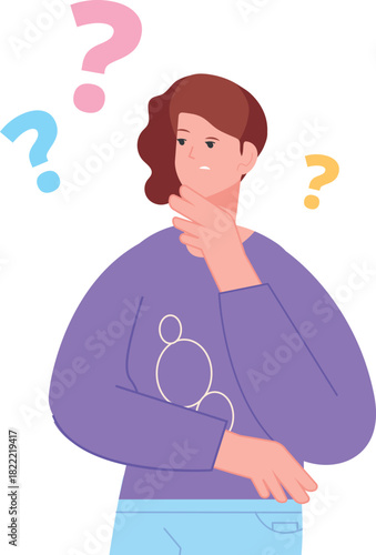 Woman doubting. Difficult decision concept. Person with question marks
