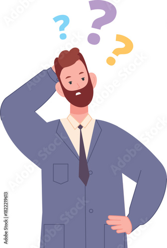 Confused man. Person solve problem and work question
