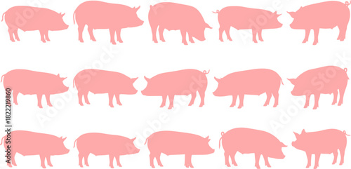 set of Black pig silhouettes on white background, diverse pigs vector collection. Ideal for agriculture branding, meat store logos, educational materials