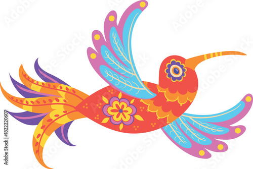 Flying bird with brazilian folk ornament. Ethnic motif