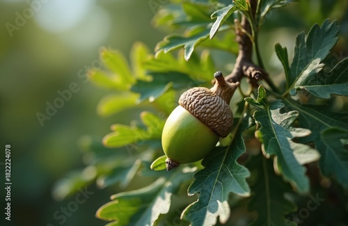 Green acorn hangs from kermes oak branch with prickly leaves in summer sun. Close up view of single oak nut growing on bush in Greece. Tiny plant detail shows fresh green foliage.