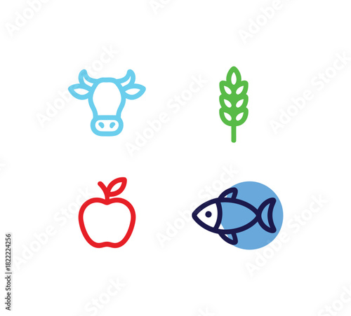 Four simple icons represent a cow, wheat, an apple, and a fish, symbolizing diverse food sources.
