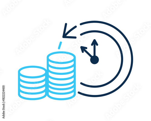 A conceptual illustration depicts stacks of coins next to a clock face with an arrow indicating the passage of time, symbolizing financial management and investments.