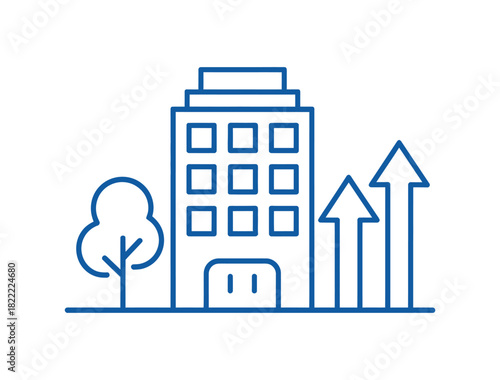 An illustration of a modern office building with upward trending arrows and a stylized tree, representing business growth and development.