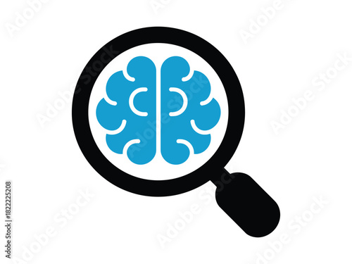 A magnifying glass is shown focusing on a stylized graphic representation of a human brain, symbolizing research and understanding.