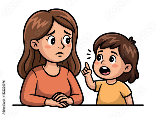 A worried mother listens to her child's explanation with a furrowed brow.