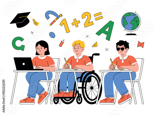 Children of diverse abilities learn together in a classroom setting, fostering inclusion and equity.