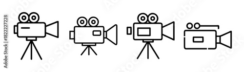 Video camera line icon set on tripod stand