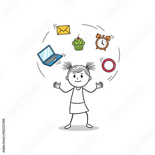 Gig Economy. Child juggling laptop, cupcake, clock, and envelope in playful style  