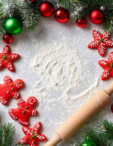 Gingerbread men and star shaped cookies with icing, a wooden rolling pin, and flour on a gray background, evergreen branches and red and green christmas ornaments copy space marketplace product card