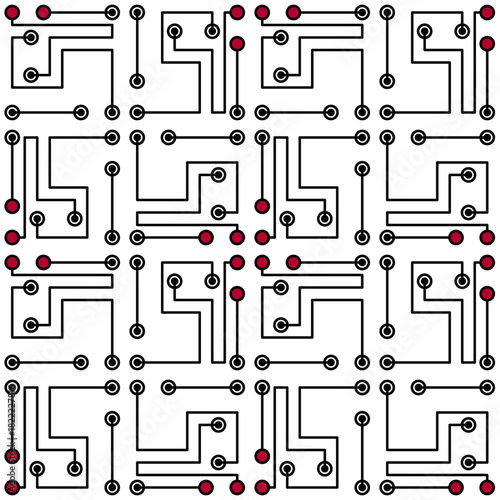Monochrome technology geometric seamless pattern. Black red circle and lines on white background. Mosaic square tile. Complicated texture background. Clear strict ornament