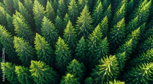 Aerial view looking straight down onto a dense, lush green pine forest canopy illuminated by sunlight