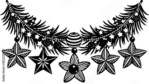 Very beautiful illustration of a Christmas garland adorned with festive ornaments and an American-flag-inspired star decoration, creating a patriotic and cheerful holiday celebration scene.