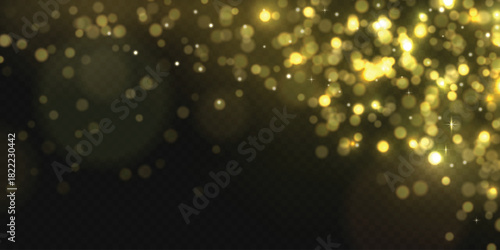 Glowing gold dust with soft bokeh lights, shimmering particles and festive sparkle creating an elegant glowing decorative effect.