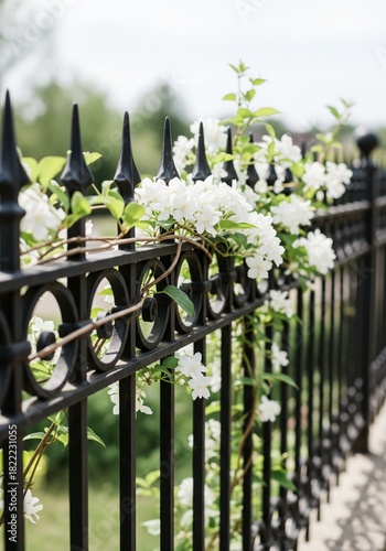 White flowers on black metal fence