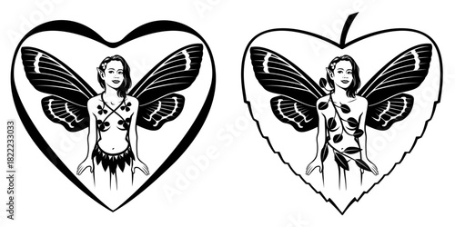 Sexy Fairy with Butterfly Wings and Floral Outfit in Heart Frame. Vector cliparts isolated on white. Two Versions.