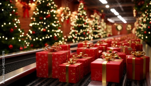 Christmas presents moving along a conveyor belt system in a festive workshop environment, preparing for holiday delivery with decorated evergreen trees lining the background sale