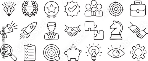 Black and white line art icons collection for business and marketing