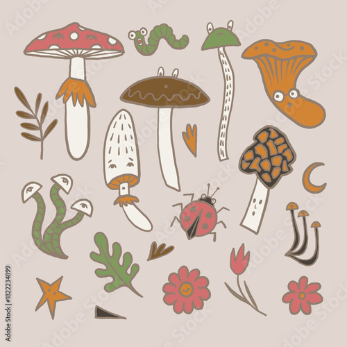 Mushroom autumn vector with forest worms flowers leaves and funny insects