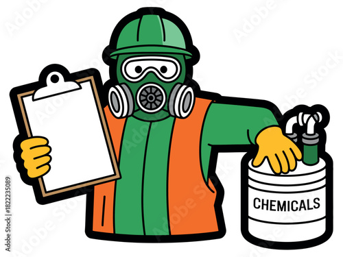 A cartoon worker in a gas mask holding a clipboard next to a chemical container.