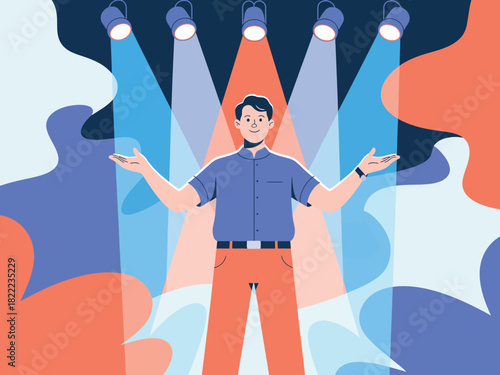 A man stands with his arms outstretched under spotlights on a stage.