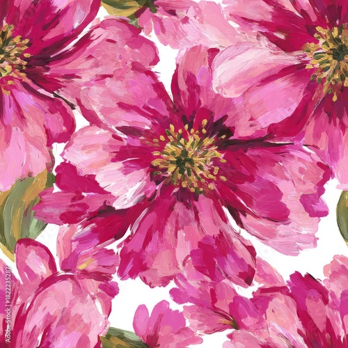Seamless floral pattern featuring large vibrant pink and magenta peonies with yellow centers painted with expressive brushstrokes on a white background for textile design.