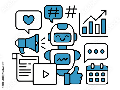 A friendly robot surrounded by digital marketing and social media icons represents automation.
