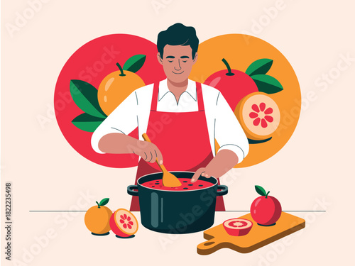 A man is making jam in a pot with guavas and apples in the background.
