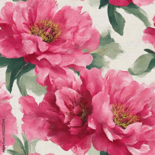 A seamless artistic pattern features vibrant magenta peonies with deep green leaves painted on a textured cream canvas background suitable for wallpaper or fabric design.