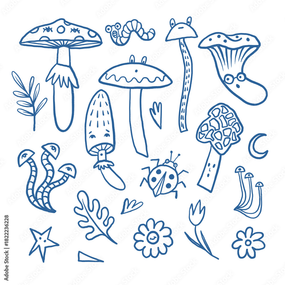 Fototapeta premium Mushroom autumn vector with forest worms flowers leaves and funny insects