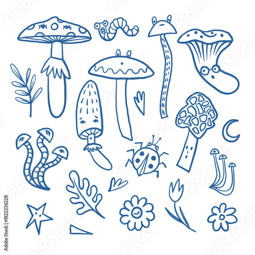 Mushroom autumn vector with forest worms flowers leaves and funny insects