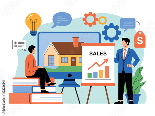 Two businessmen discuss sales and real estate growth on a whiteboard.