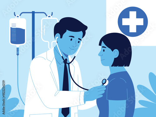 Doctor examining a patient with a stethoscope in a medical setting.