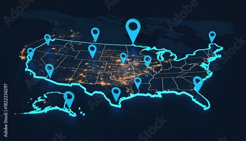 USA Map with Glowing Neon Outline and Location Pins.