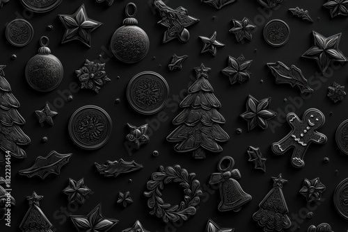 Seamless luxury wallpaper pattern of a christmas theme featuring only christmas related items, matte black tone-on-tone design background